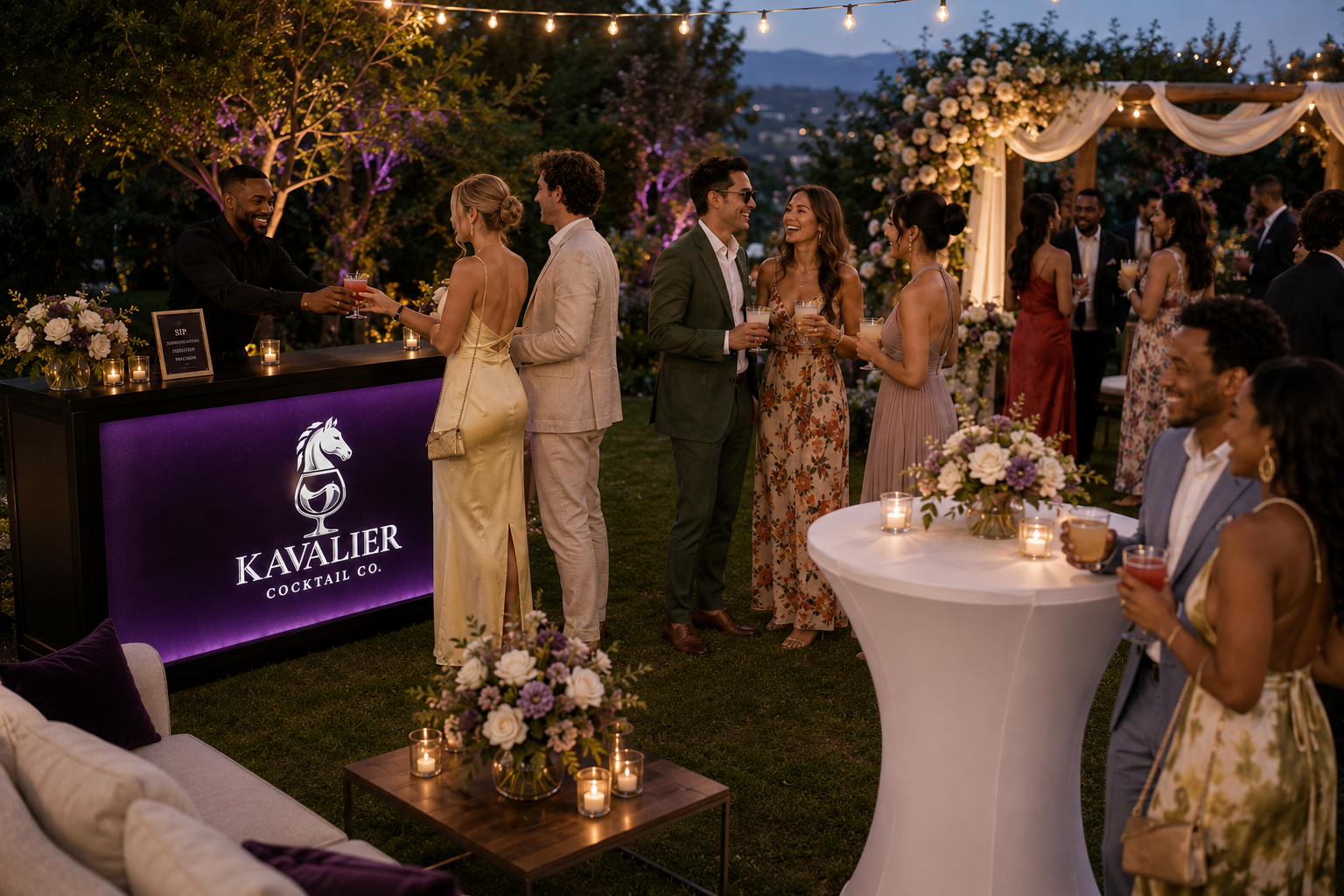 Elegant wedding cocktail experience with a floral backdrop