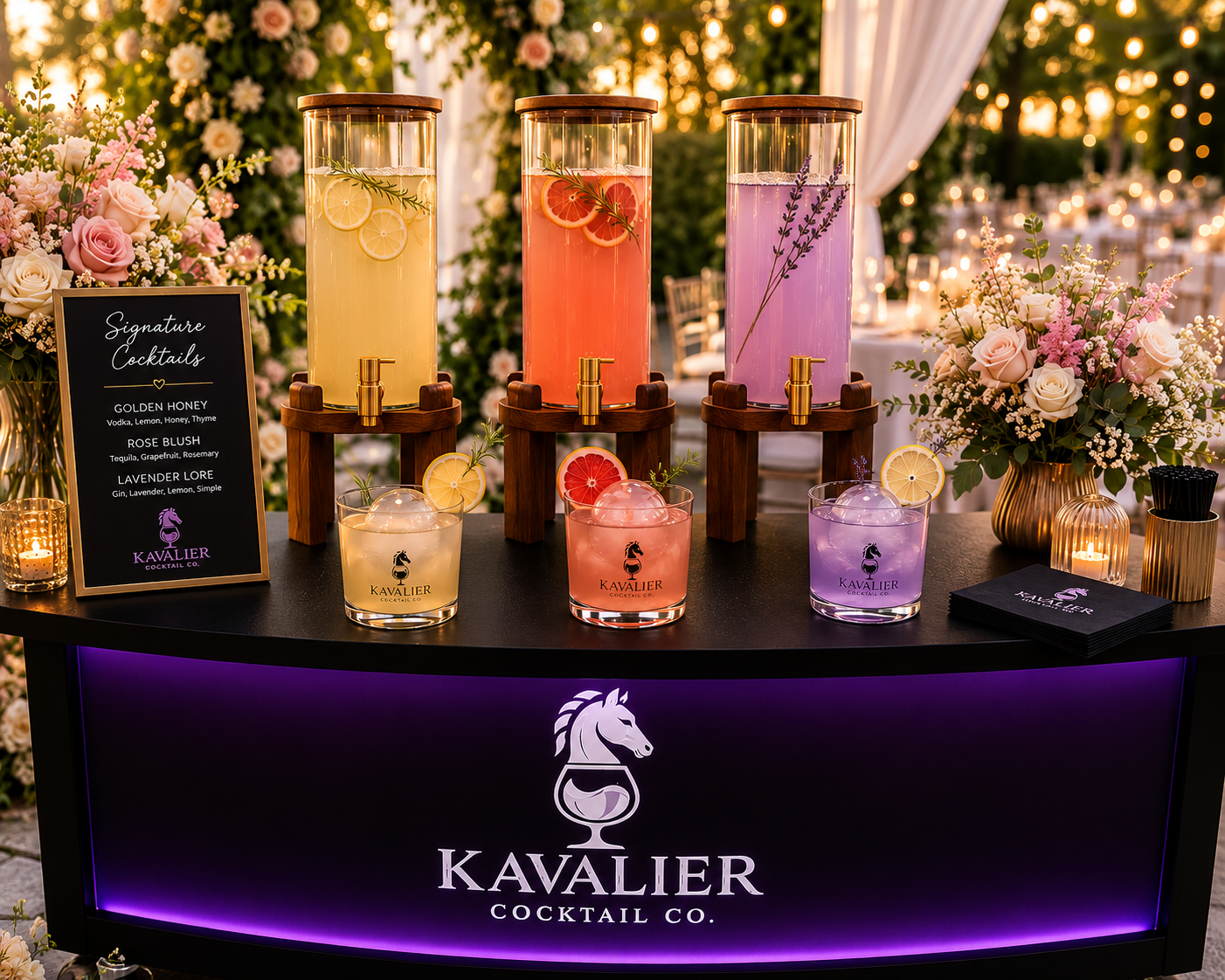 Kavalier illuminated bar with signature cocktail dispensers at an elevated event