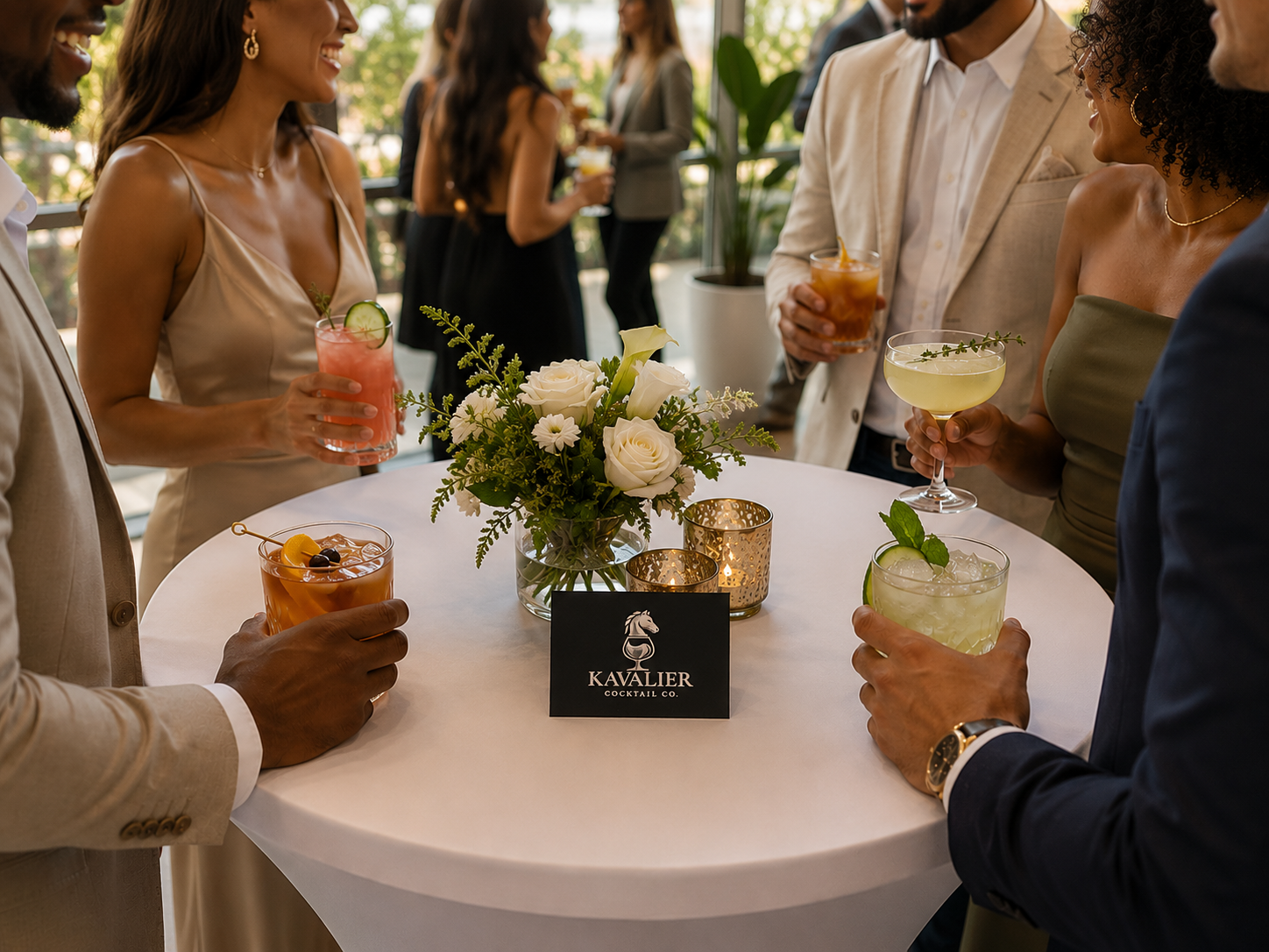 Guests enjoying curated Kavalier signature cocktails at a high-boy table