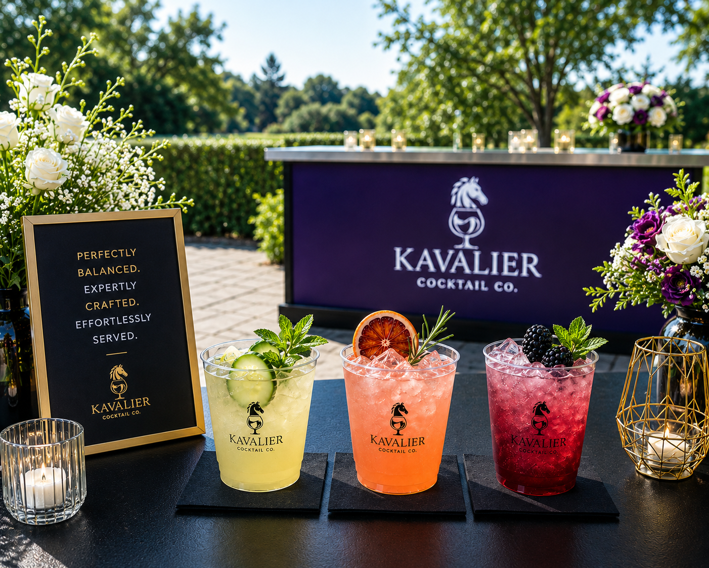 Three curated Kavalier signature cocktails with the Kavalier branded bar backdrop