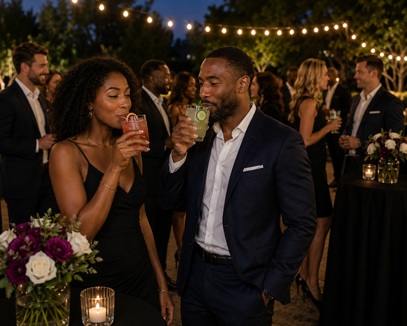 Guests enjoying curated Kavalier signature cocktails at an elegant evening event
