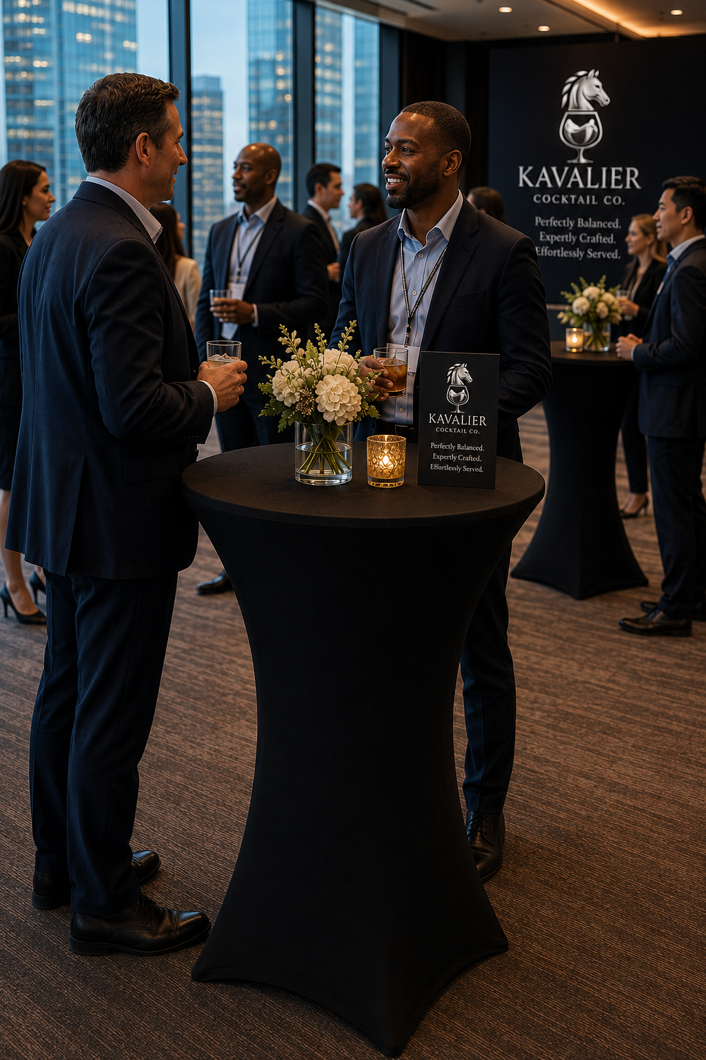 Corporate networking event with Kavalier cocktail service and city skyline views