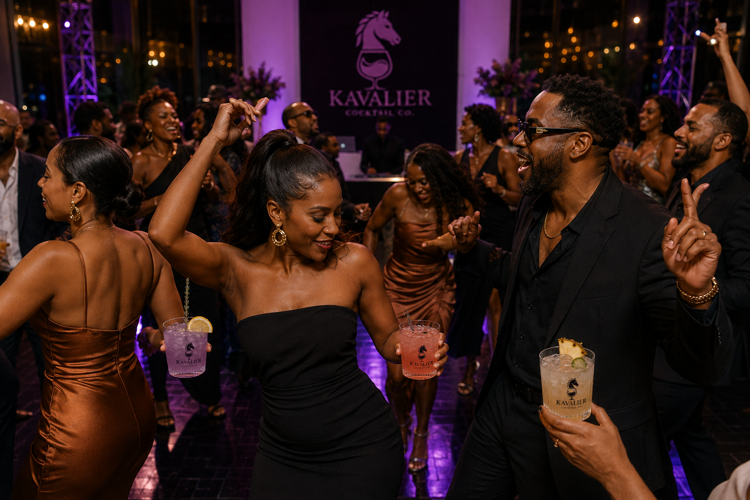 Guests dancing and celebrating at a private Kavalier cocktail event