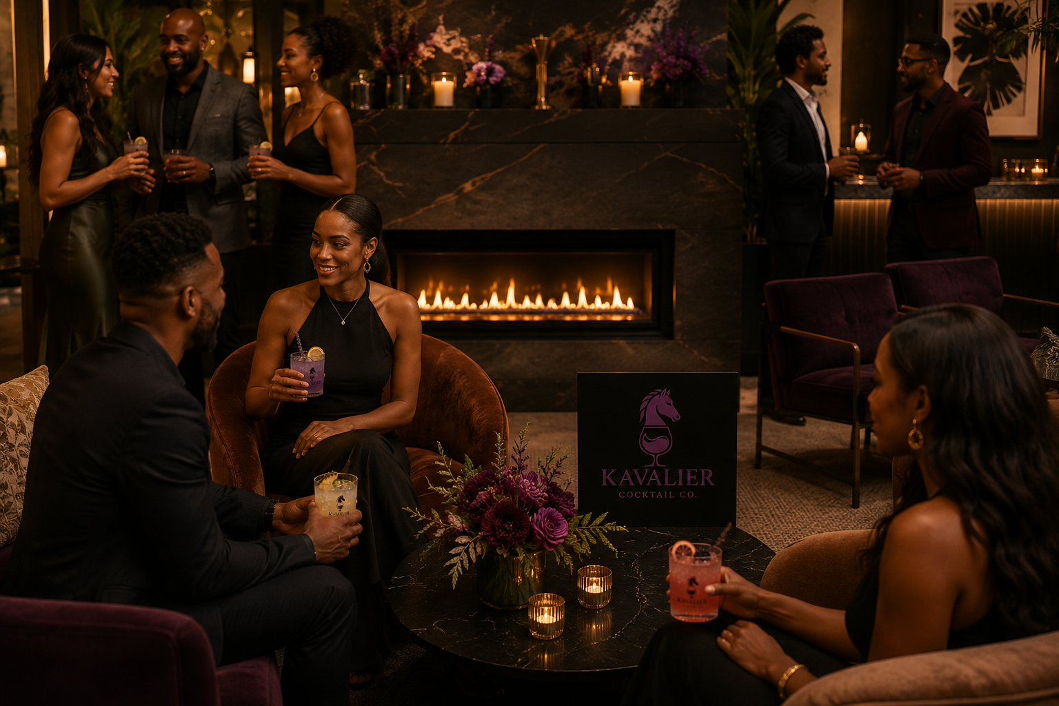 Guests mingling at an upscale Kavalier social mixer in a lounge setting