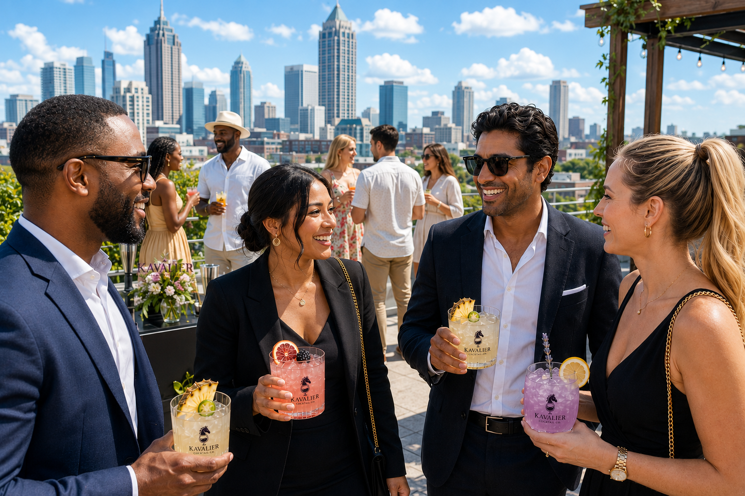 Guests enjoying Kavalier cocktails on a rooftop with the Atlanta skyline