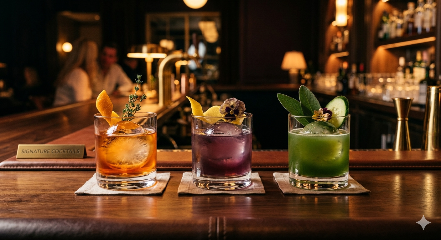 Curated Kavalier signature cocktail finished with an elegant garnish