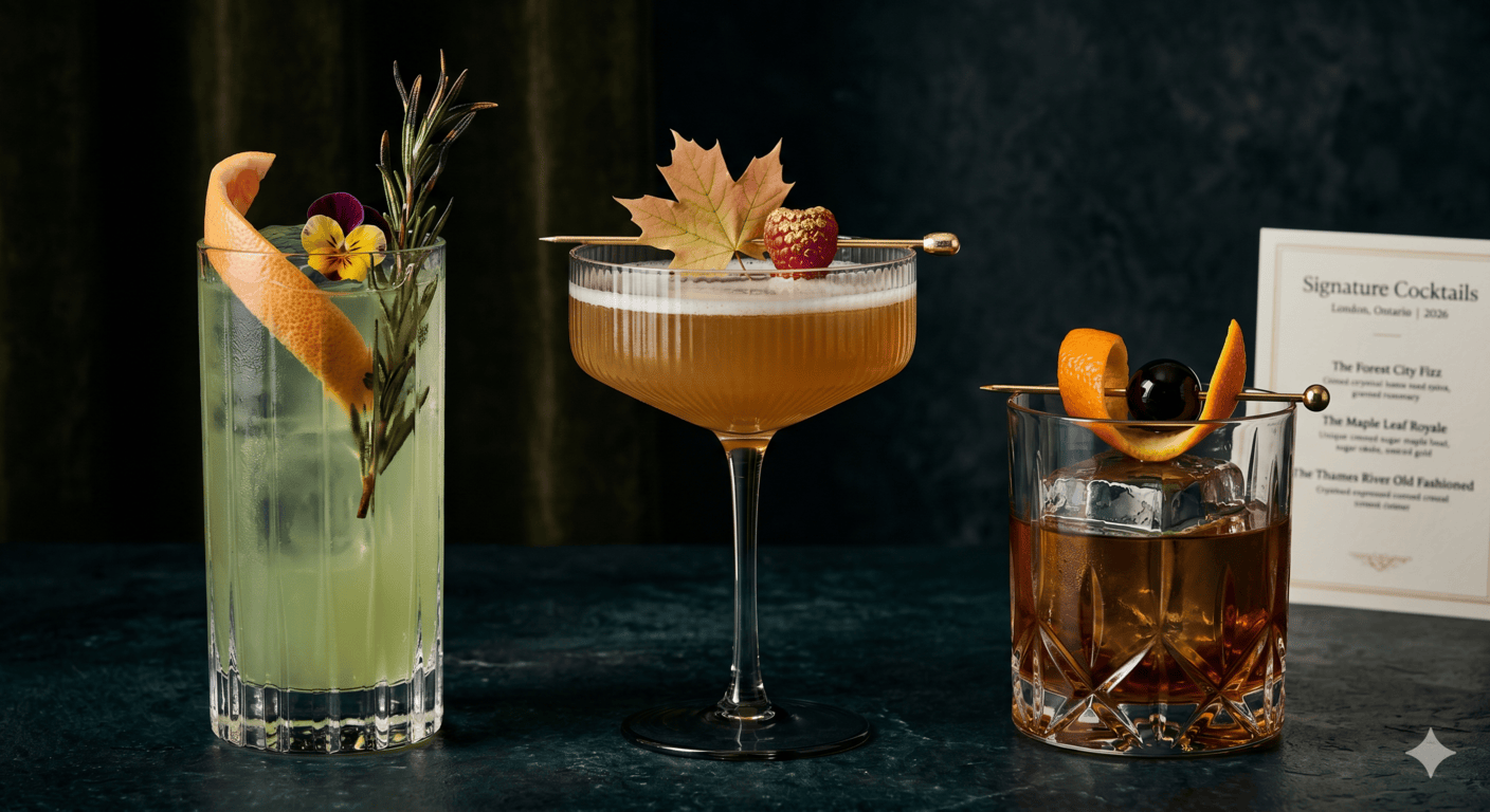 Custom signature cocktail with a unique garnish and branded menu card