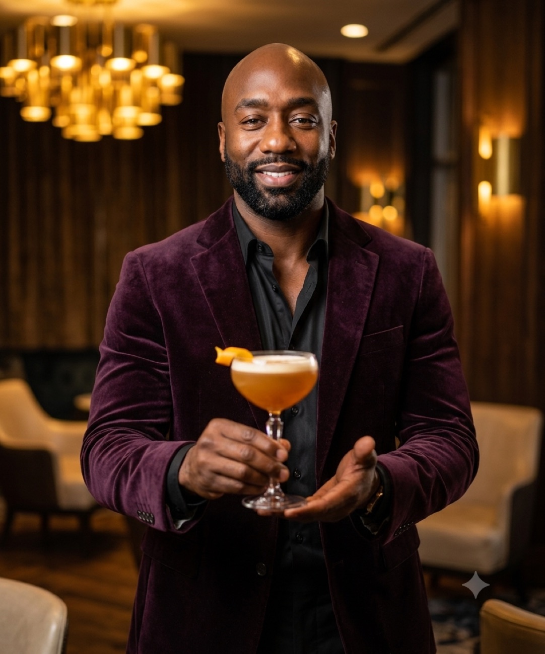 Kevin Dixon, founder of Kavalier Cocktail Co., presenting a finished signature cocktail