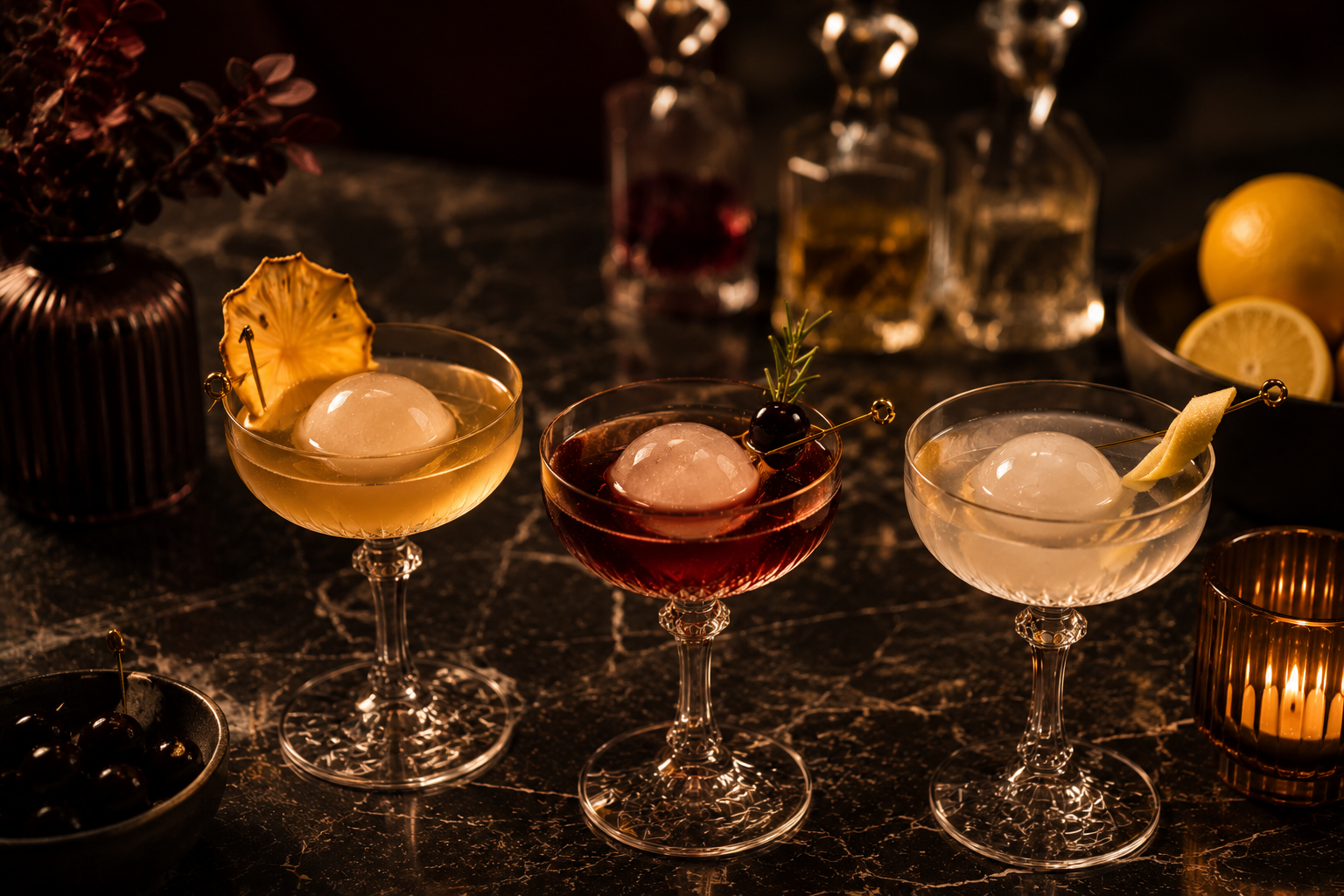 A curated Kavalier signature cocktail experience with premium drinkware and elegant presentation
